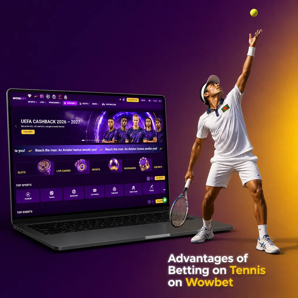 Wowbet tennis betting benefits: BDT wallet, bKash/Nagad payments, ATP/WTA/ITF coverage, live scores, and 24/7 Bangla support.