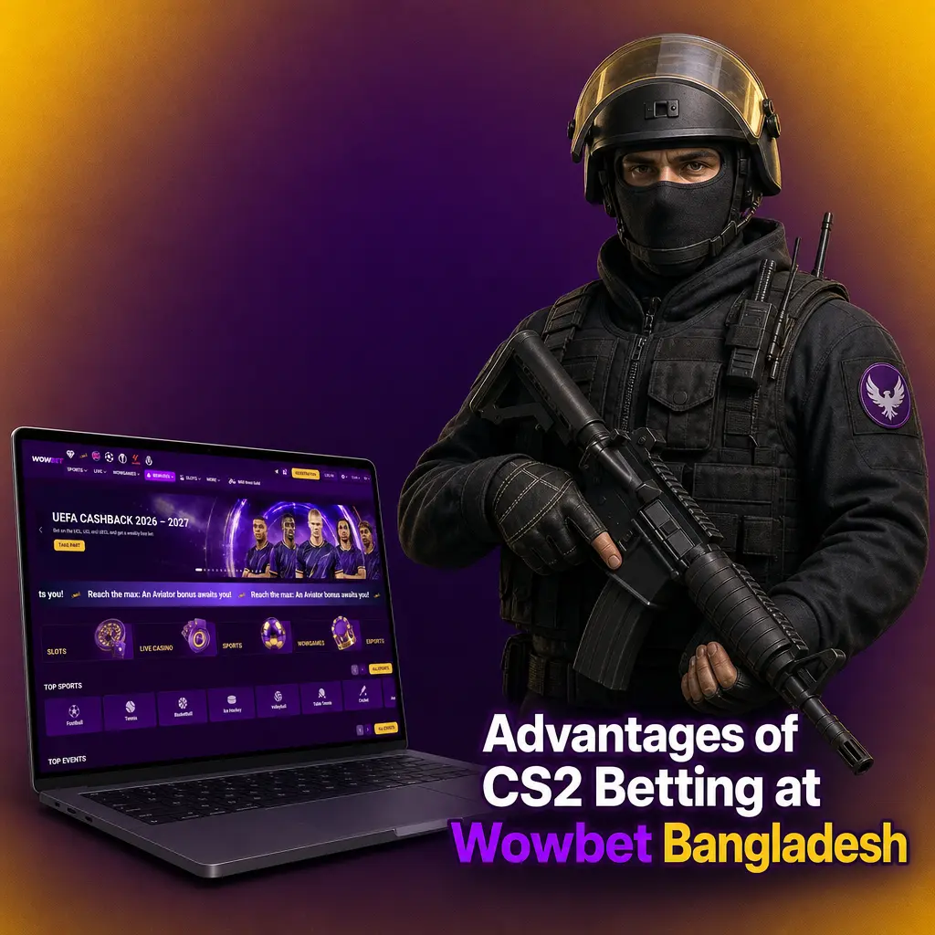 Advantages of CS2 betting at Wowbet Bangladesh, featuring bonuses, local payments, and live odds for Counter-Strike 2 markets.