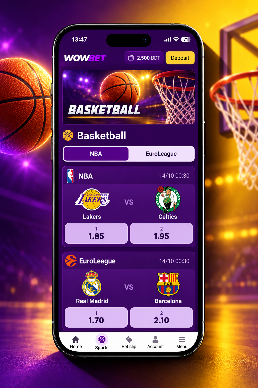 Wowbet app basketball section with NBA and EuroLeague matches and 1/2 odds