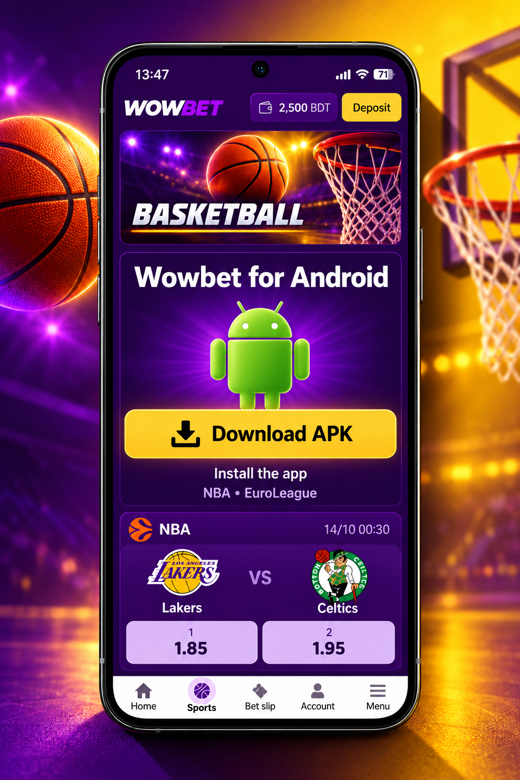 Wowbet for Android download screen with Download APK button and basketball banner