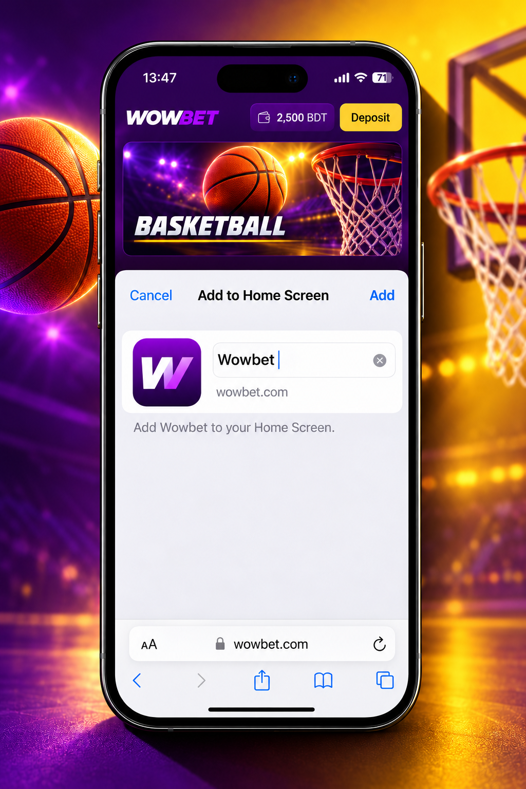 Add Wowbet to iPhone Home Screen in Safari with basketball background