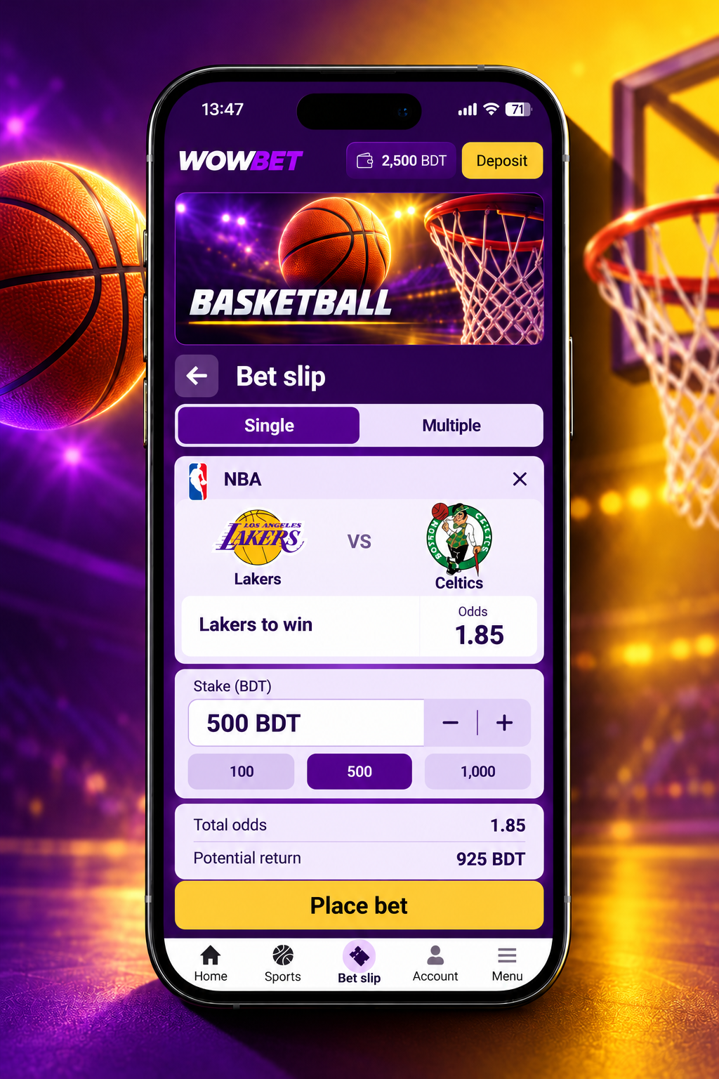 Wowbet bet slip for Lakers vs Celtics at odds 1.85 with 500 BDT stake and Place bet button