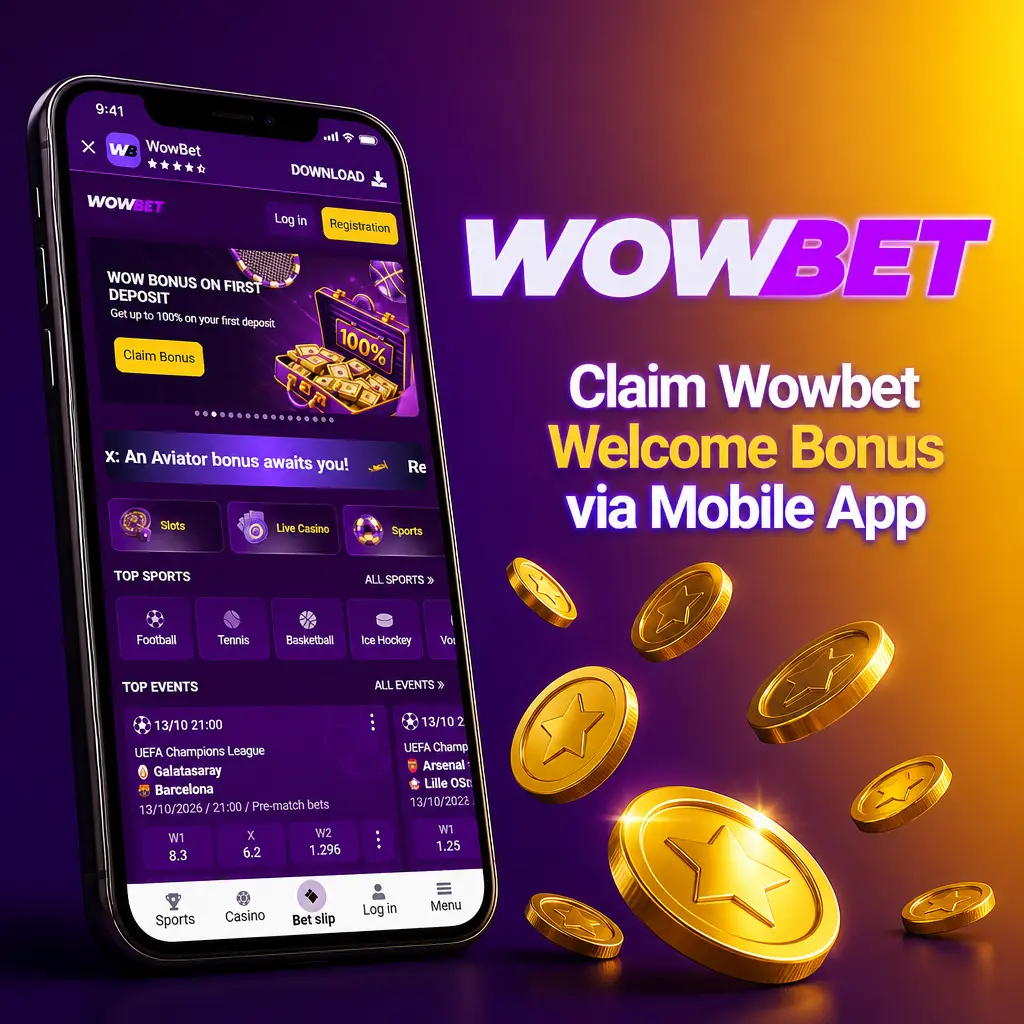Claim Wowbet welcome bonus via mobile app on Android or iOS by registering and depositing to unlock match bonus and free spins
