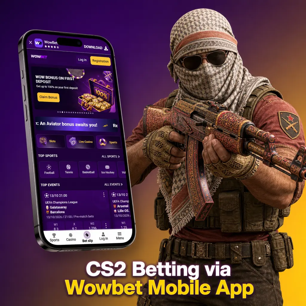 Wowbet mobile app for CS2 betting on Android and iOS, offering live odds, pistol round bets, and map handicaps.