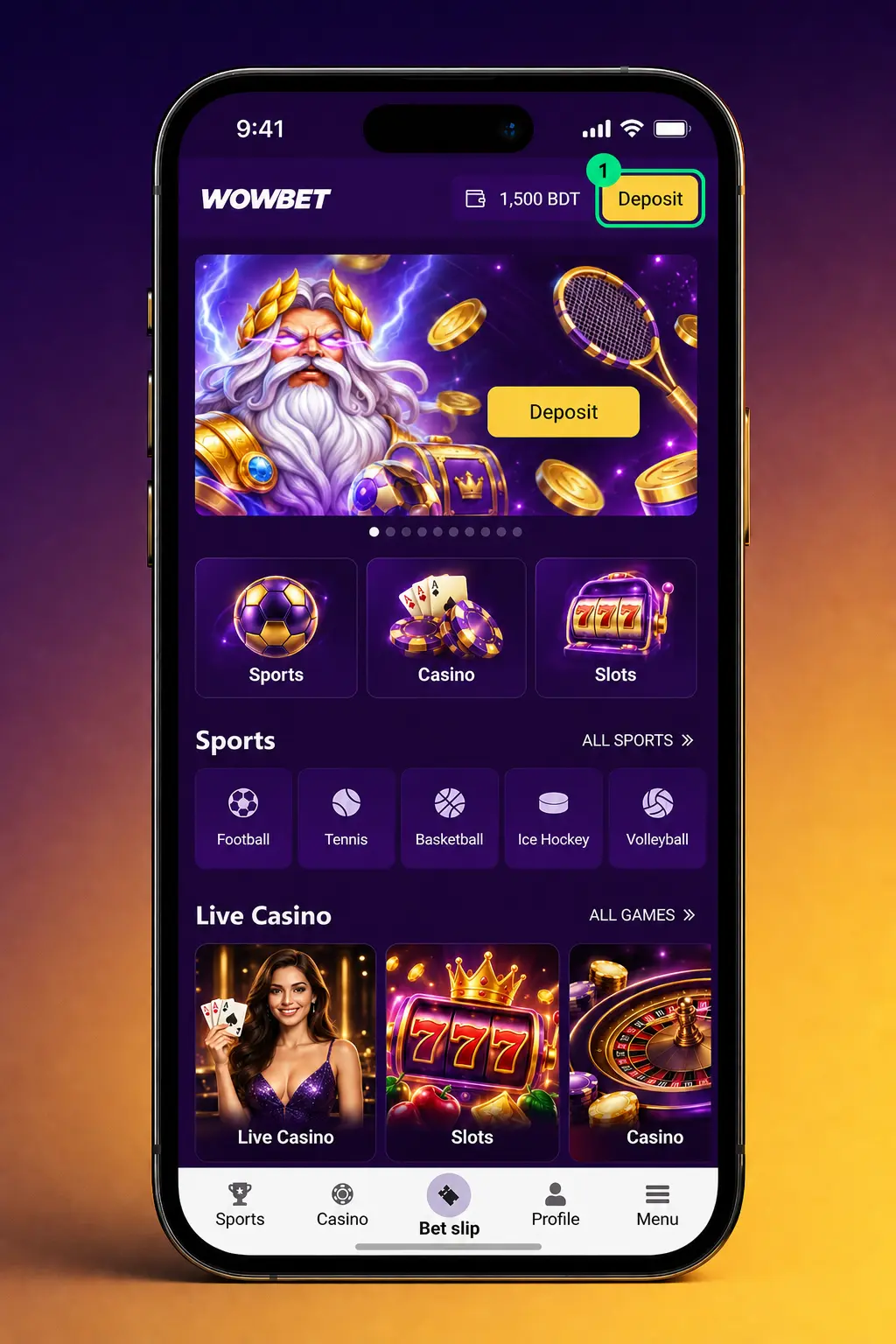 Step-by-step deposit guide screenshot for Wowbet app showing cashier menu with bKash, Nagad, VISA and crypto options