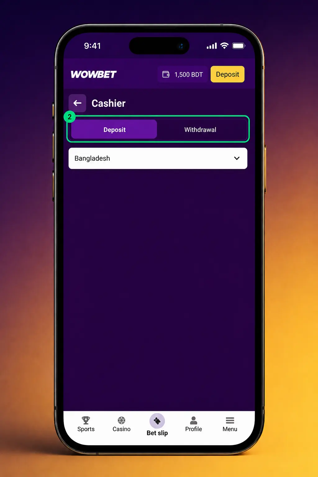 Step-by-step deposit guide screenshot in Wowbet app showing cashier menu with bKash, Nagad, VISA, and crypto payment options