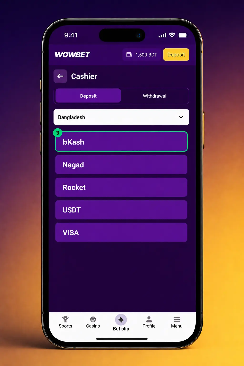 Step-by-step deposit guide screenshot for Wowbet app showing cashier menu with bKash, Nagad, VISA and crypto options