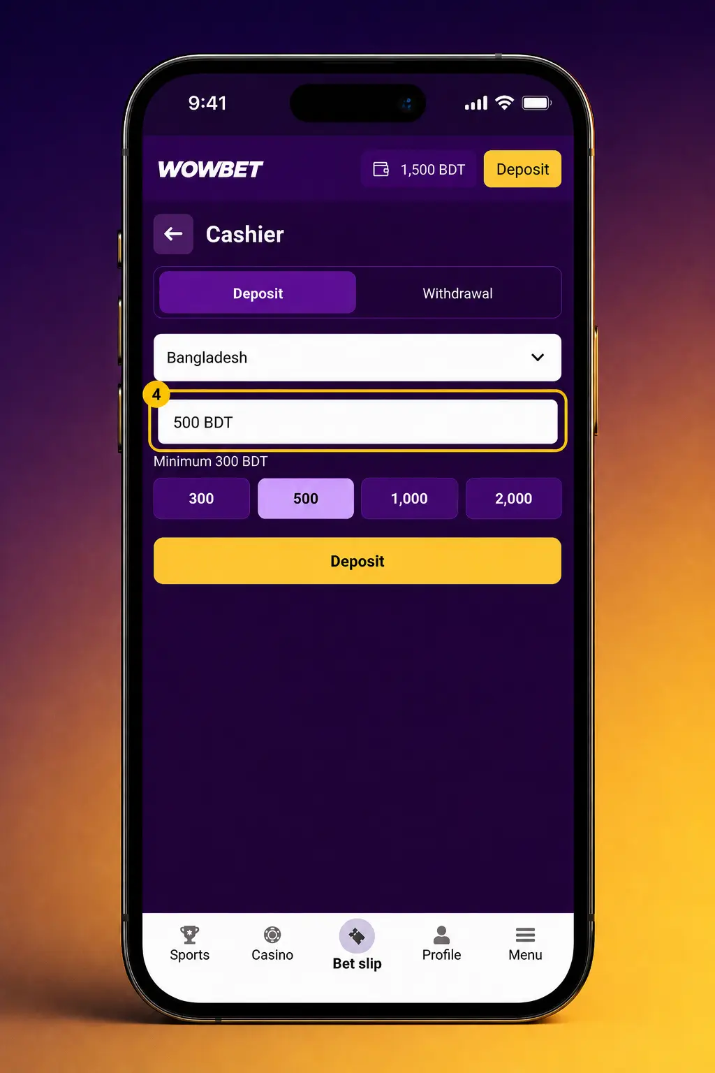 Step-by-step deposit guide screenshot for Wowbet app showing cashier menu with bKash, Nagad, VISA and crypto options