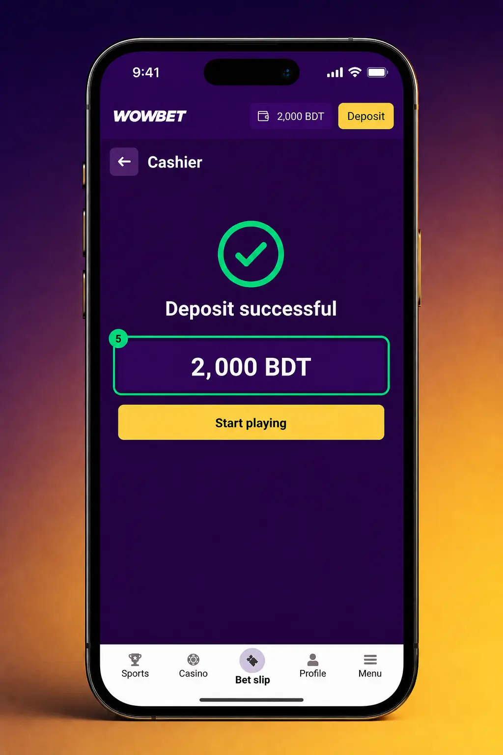 Step-by-step deposit guide screenshot for Wowbet app showing Bangladesh payment options like bKash, Nagad, and crypto.