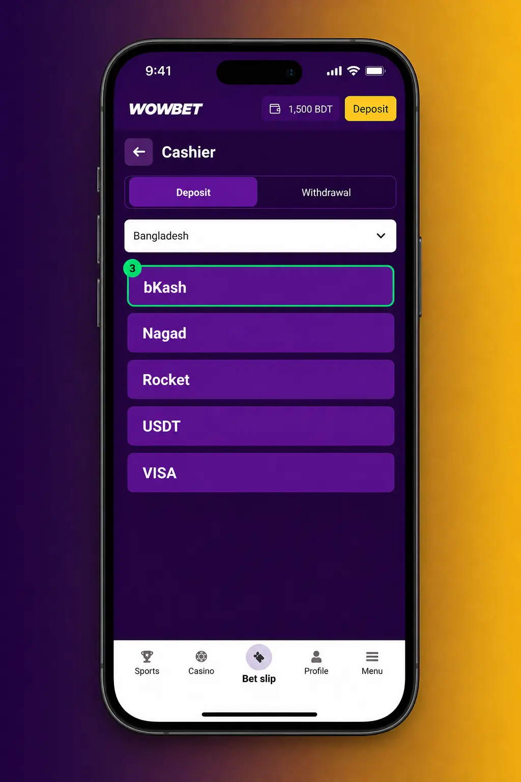 Step-by-step guide showing how to deposit funds in Wowbet using bKash, Nagad, bank cards, or crypto wallet in Bangladesh