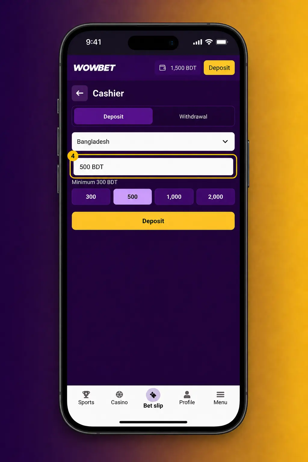 Step-by-step deposit guide for Wowbet Bangladesh showing bKash, Nagad, card, and crypto payment options for BDT transactions.