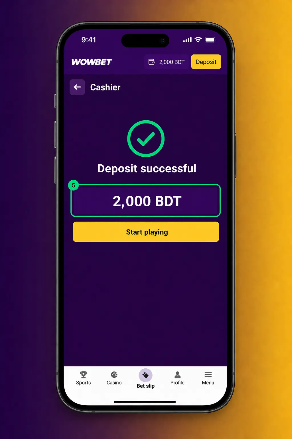 Step-by-step deposit guide screenshot for Wowbet Bangladesh showing bKash, Nagad, card, and crypto payment options