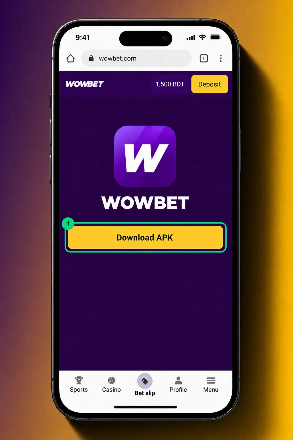 Step-by-step guide showing how to download and install the Wowbet APK on an Android device in 4 easy steps.