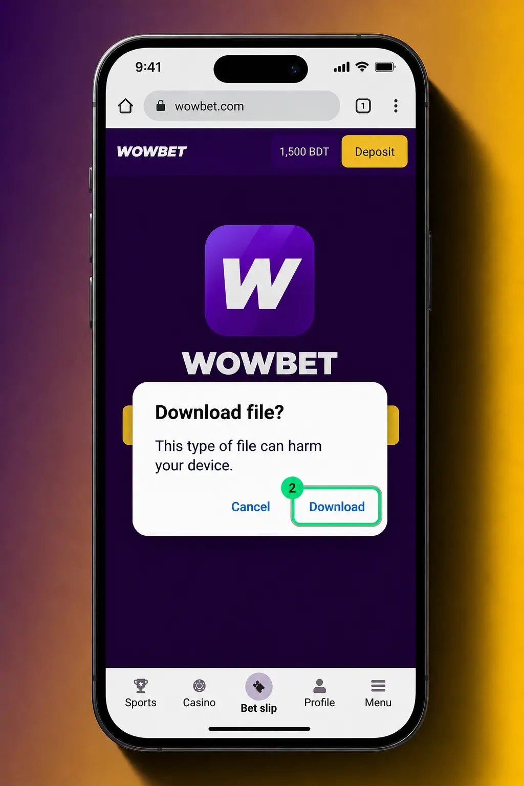 Step-by-step guide showing how to download and install the Wowbet APK on an Android device in 4 easy steps.