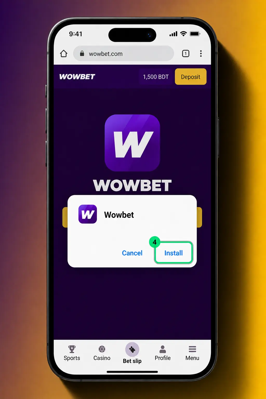 Step-by-step guide showing how to download and install the Wowbet APK on an Android device in 4 easy steps.
