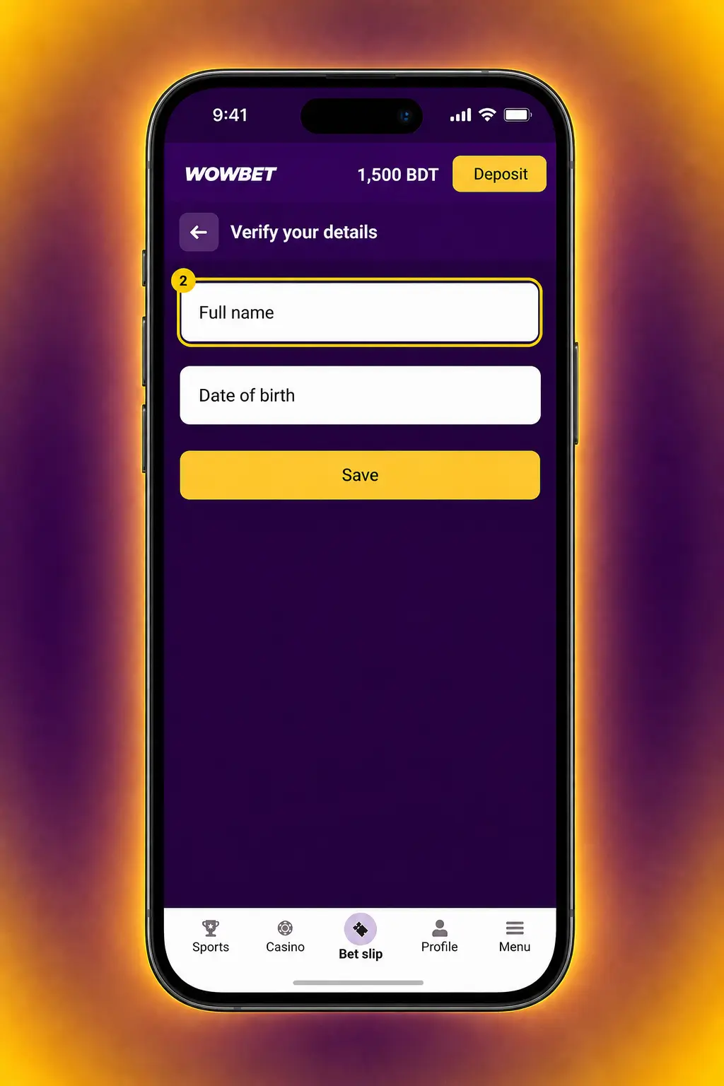 Step-by-step screenshot showing how to claim the Wowbet registration bonus and 100% deposit match in Bangladesh.