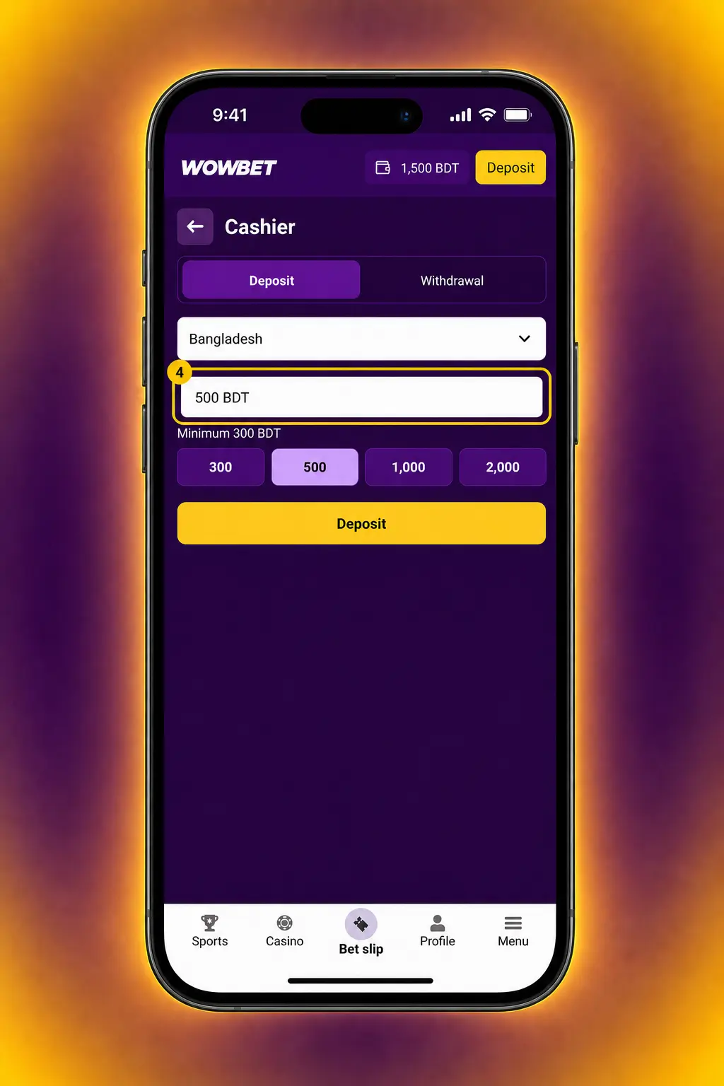Step-by-step guide showing how to claim the Wowbet registration bonus and activate the 100% deposit match offer.