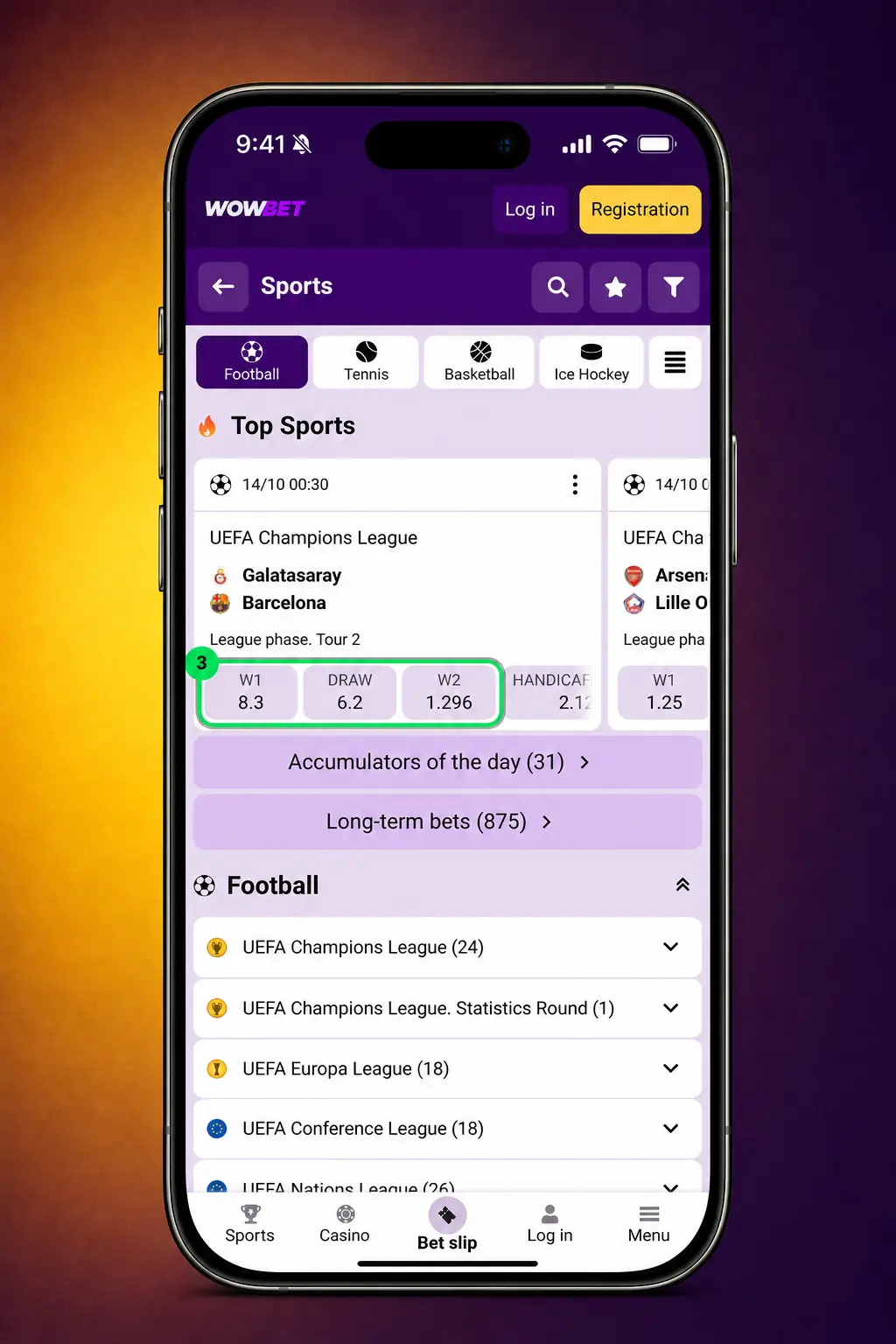 Step-by-step guide showing how to log in, select a sport, choose odds, and place a bet on Wowbet sportsbook.