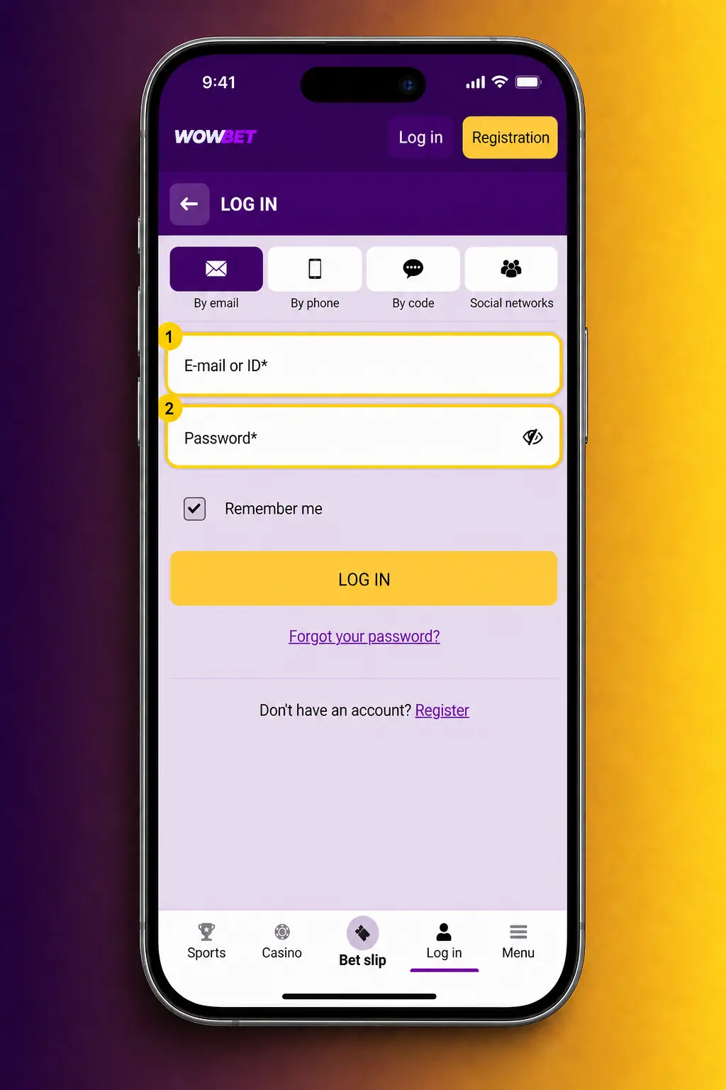 Step-by-step login screen showing the Wowbet app login page with phone number and password entry fields