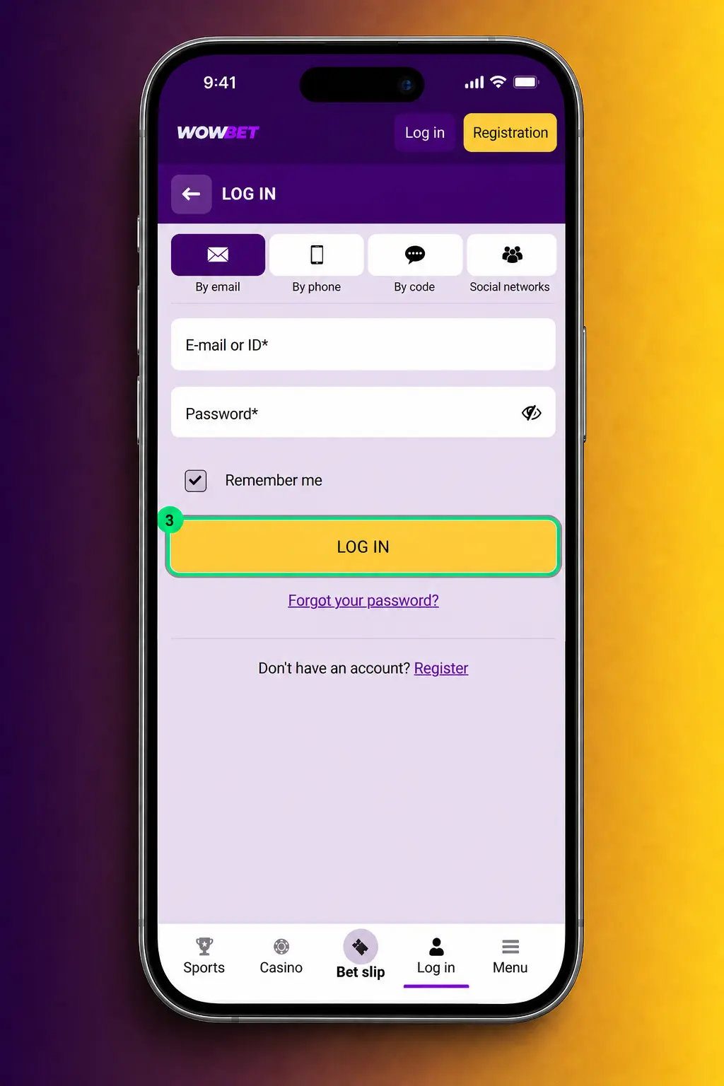 Step-by-step login screen showing Wowbet app sign-in page with phone number and password fields