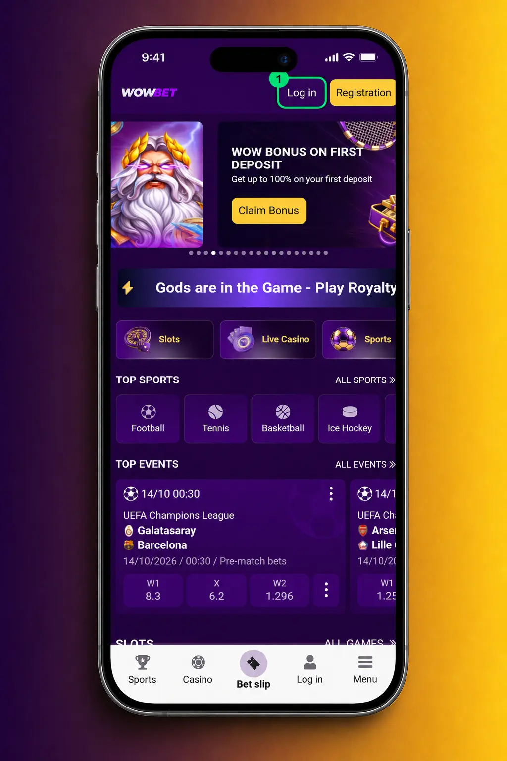 Step-by-step login screen showing Wowbet app login page with phone number and password fields