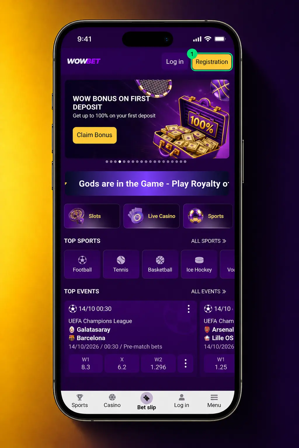 Step-by-step Wowbet registration process showing sign up, mobile number entry, BDT currency selection, and OTP verification.