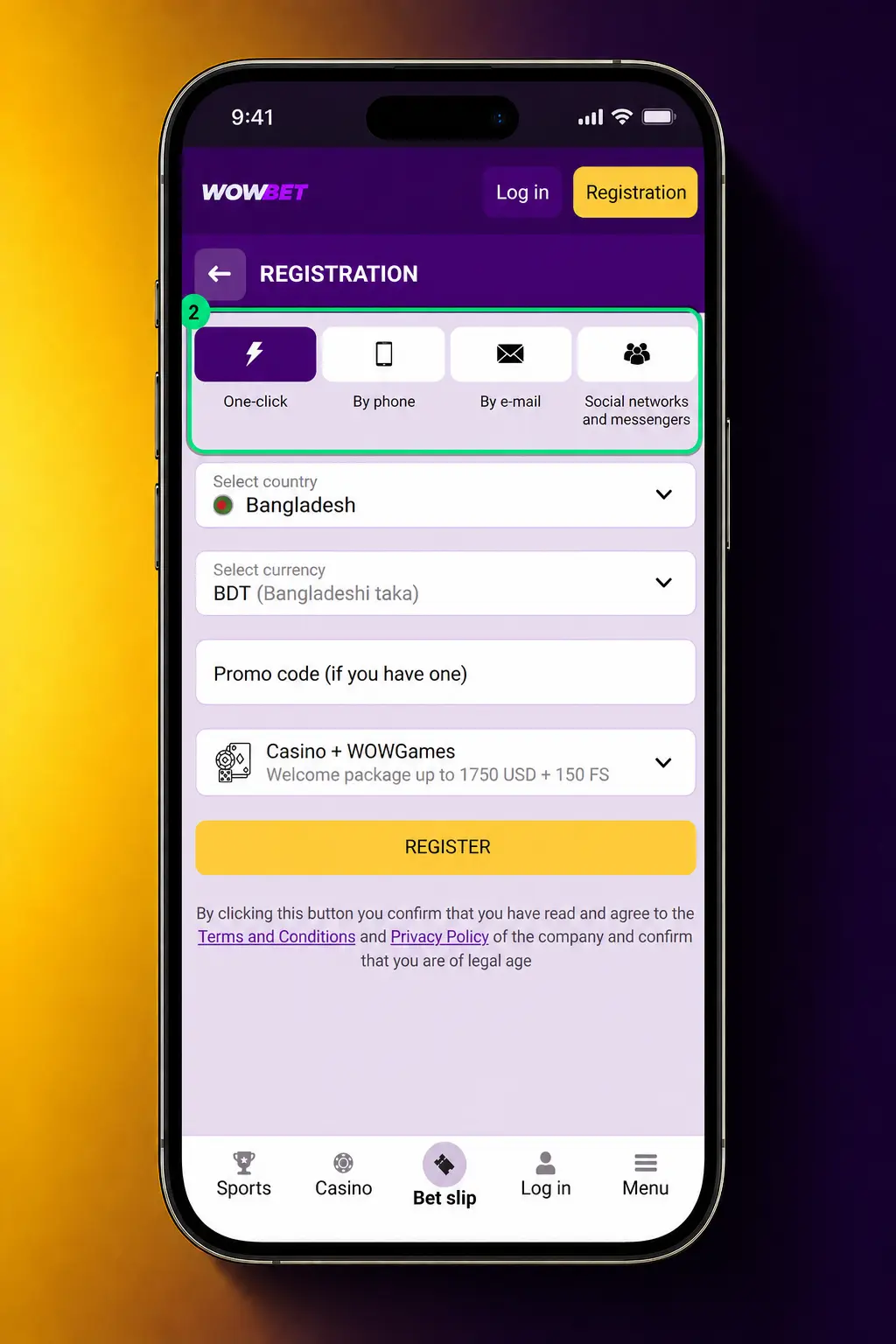 Step-by-step Wowbet registration process showing sign up, mobile number, BDT currency selection, and OTP verification.