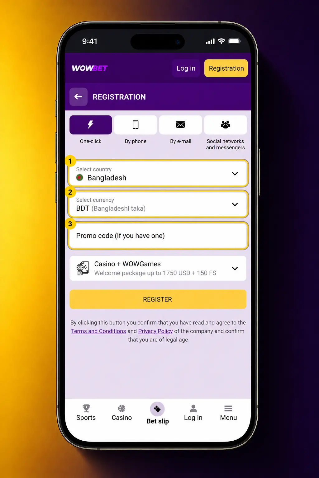 Step-by-step Wowbet registration process showing sign up, mobile number, BDT currency, terms, and OTP verification.