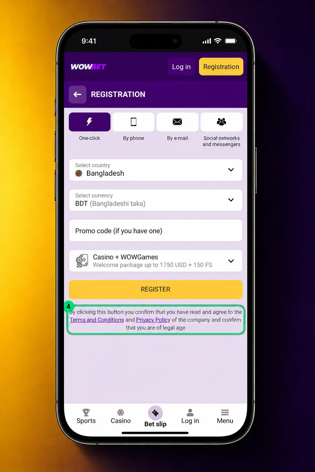 Step-by-step Wowbet registration form showing sign up, mobile number, BDT currency, and OTP verification process.