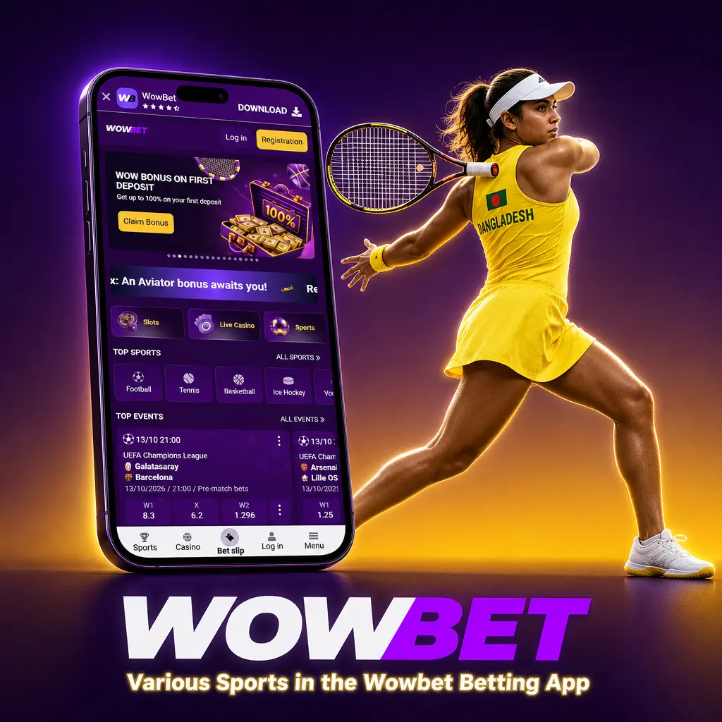 Wowbet betting app showing various sports and eSports like Cricket, Football, Kabaddi, Tennis, and more for live betting.