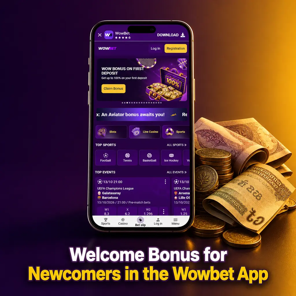 Wowbet App welcome bonus screen showing Sports and Casino deposit match offers for new users in Bangladesh