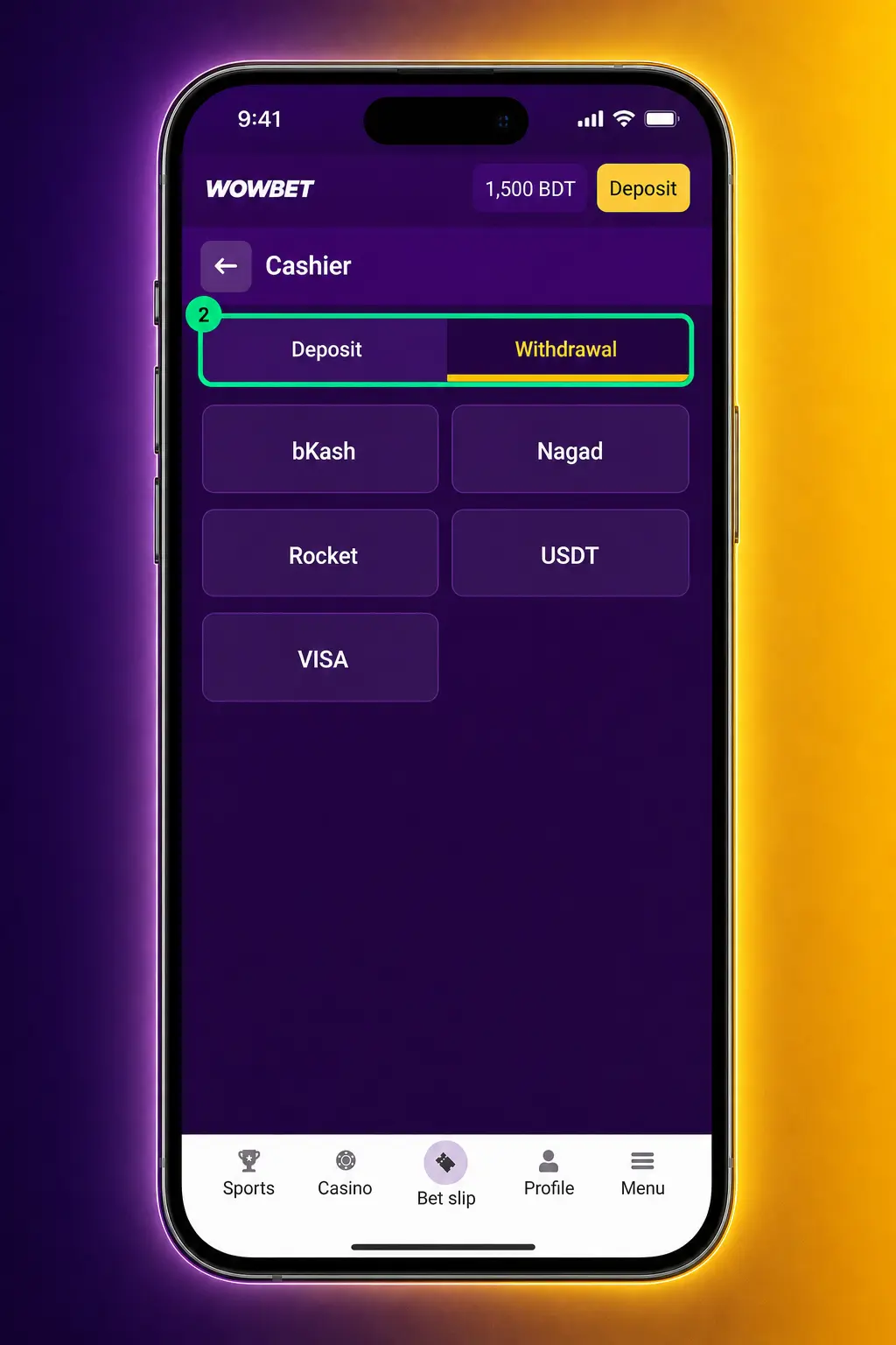 Step-by-step guide showing how to withdraw money from Wowbet to bKash, Nagad, card, or crypto wallet