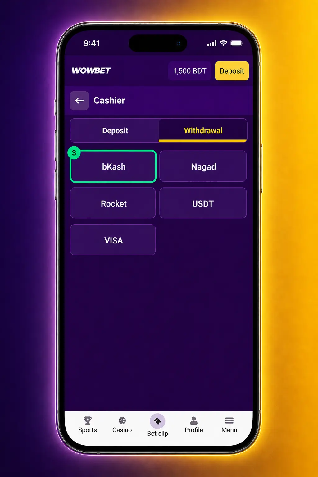 Step-by-step screenshot showing how to withdraw money from Wowbet to bKash, Nagad, card, or crypto wallet.