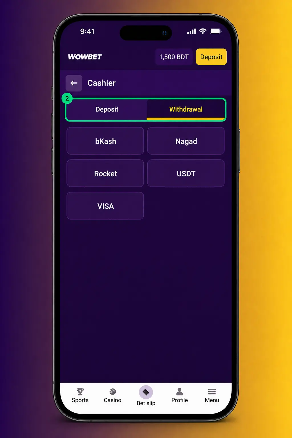Step-by-step screenshot showing how to withdraw money from the Wowbet app using bKash, Nagad, or crypto options