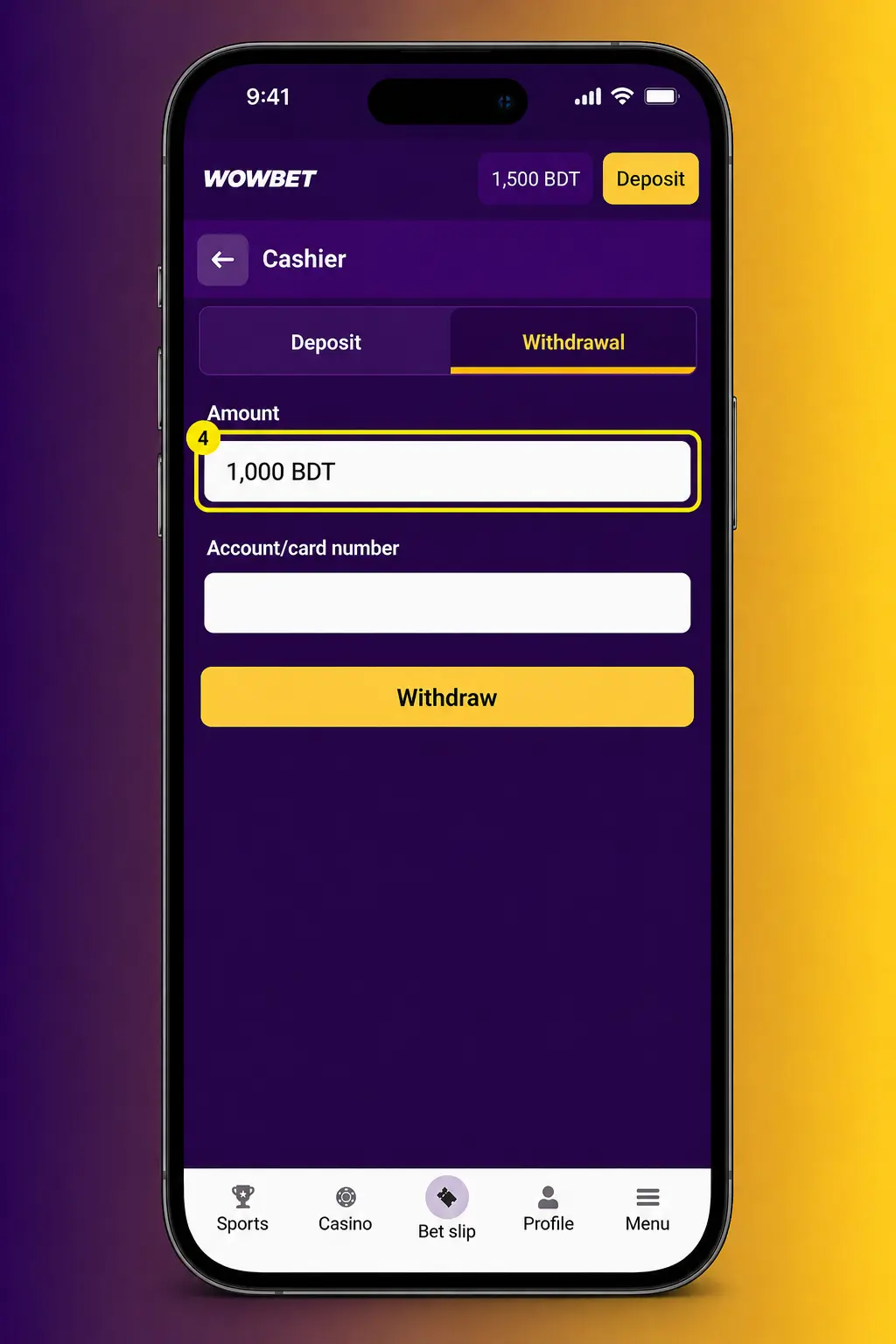 Step-by-step screenshot showing how to withdraw money from the Wowbet app via Cashier menu