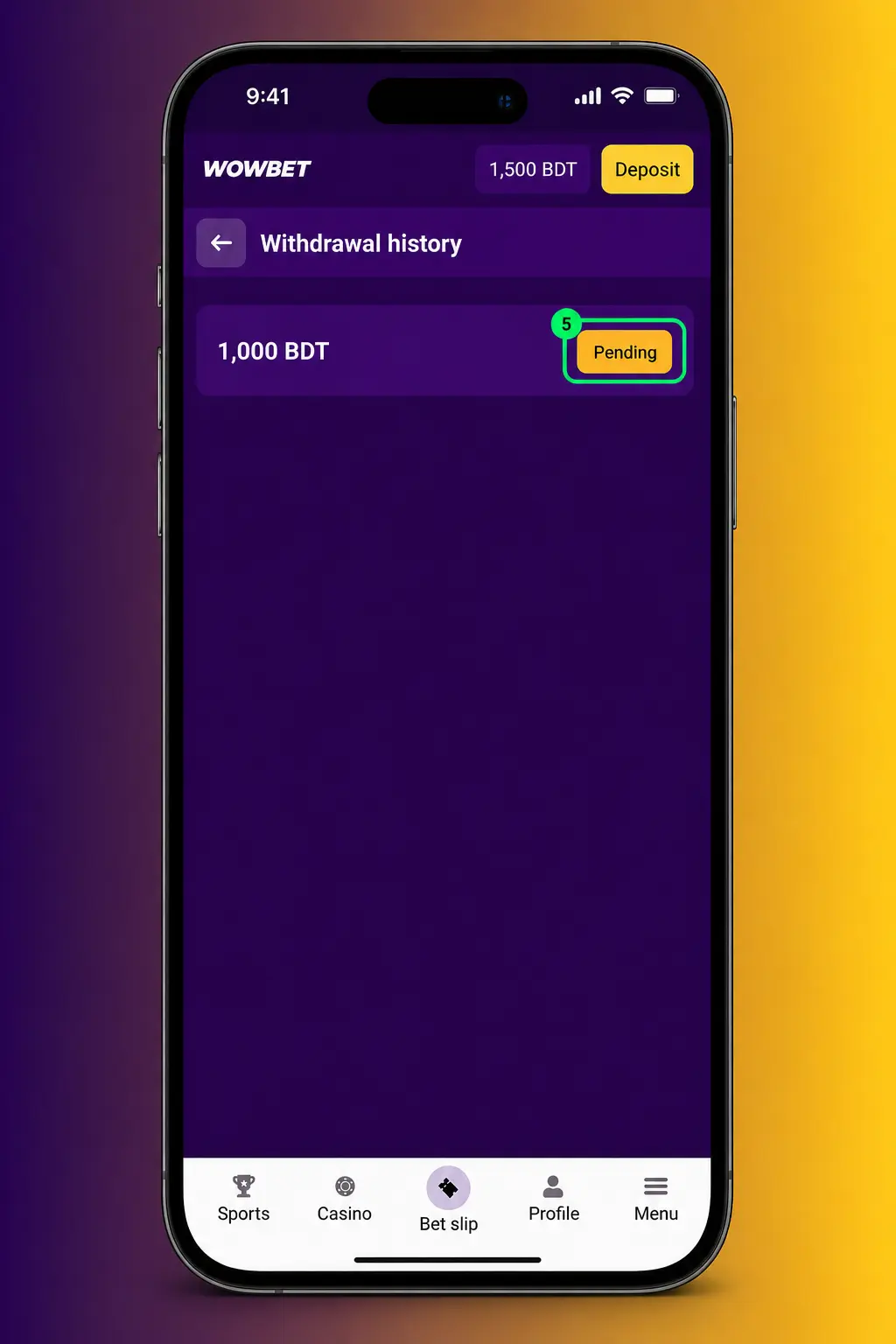 Step-by-step screenshot showing how to withdraw money from the Wowbet app via Cashier and Withdraw options