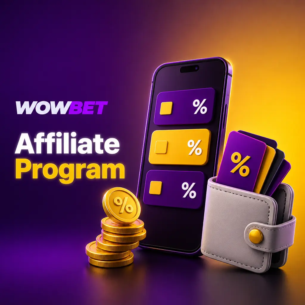 Wowbet Partners Affiliate Program banner offering up to 40% commission on referred players' revenue