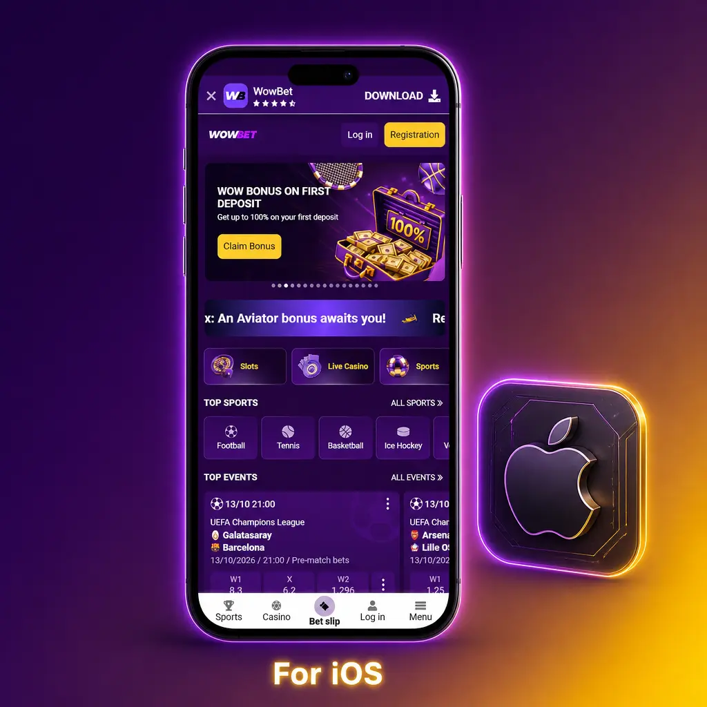Wowbet Progressive Web App setup guide for iOS 13+ devices, showing steps to add the icon via Safari's home screen feature.