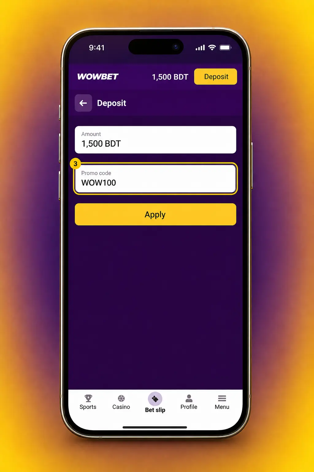 Step-by-step guide showing how to claim and activate the Wowbet bonus using promo code WOW2026 in Bangladesh