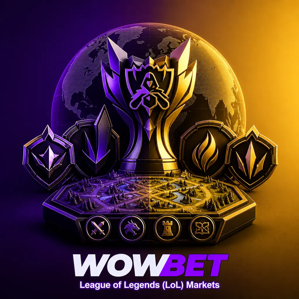 League of Legends betting markets: match winner, first dragon, first tower, and map totals across Worlds, MSI, LCK, LEC, and LPL.