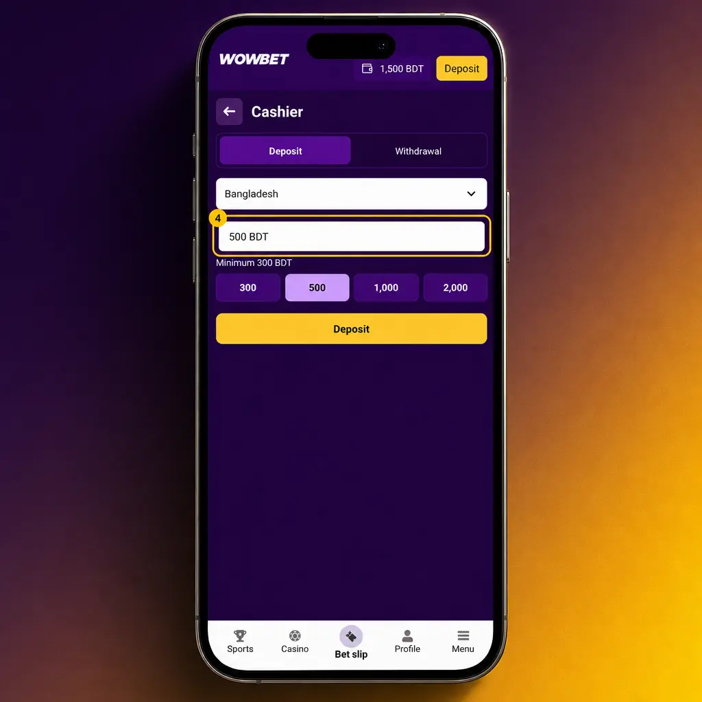 Steps to claim the Wowbet welcome bonus: register, deposit via bKash/Nagad/Rocket, toggle bonus, and wager 35x.