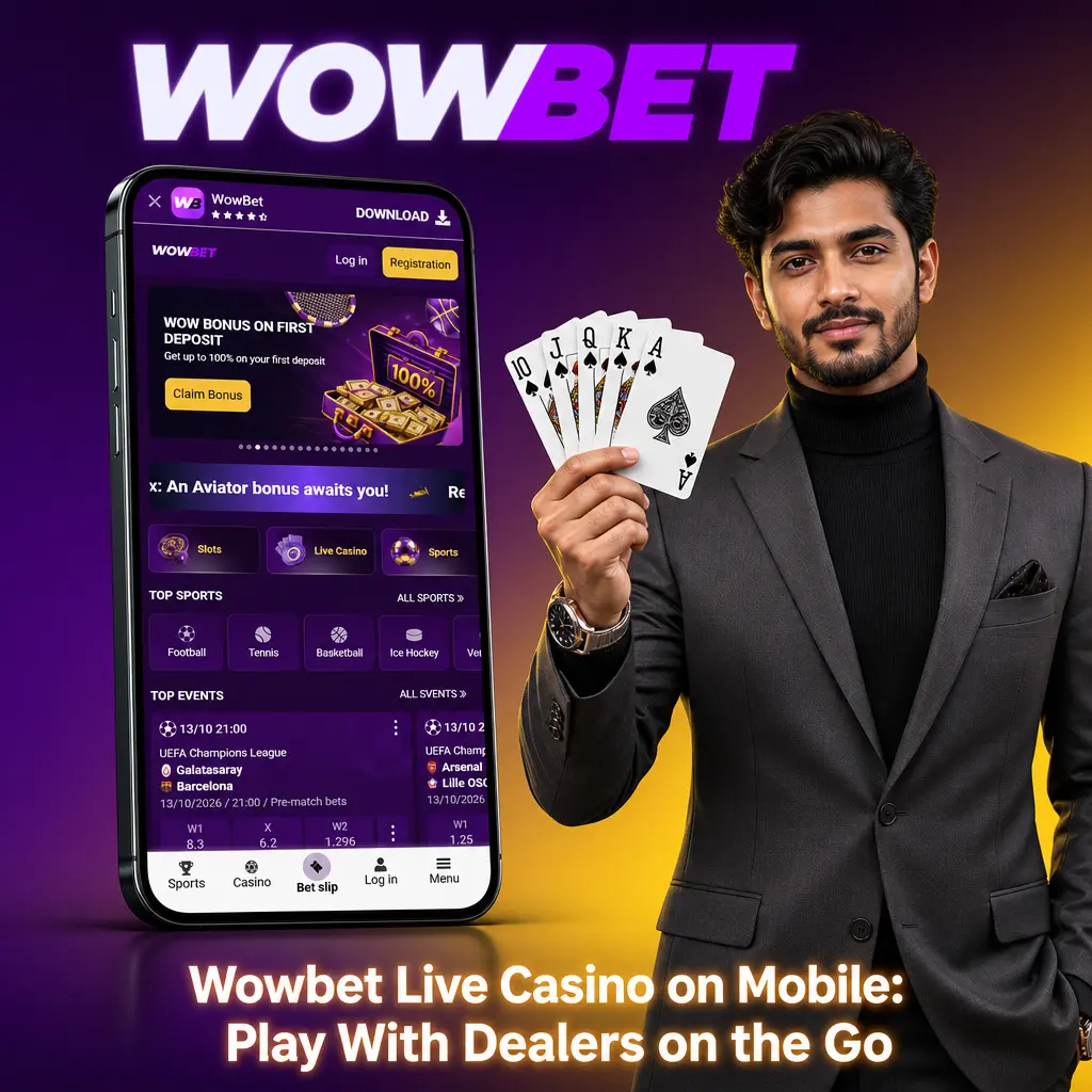 Wowbet mobile live casino lobby showing vertical HD video feed, betting panel, and live chat with dealer on phone screen.