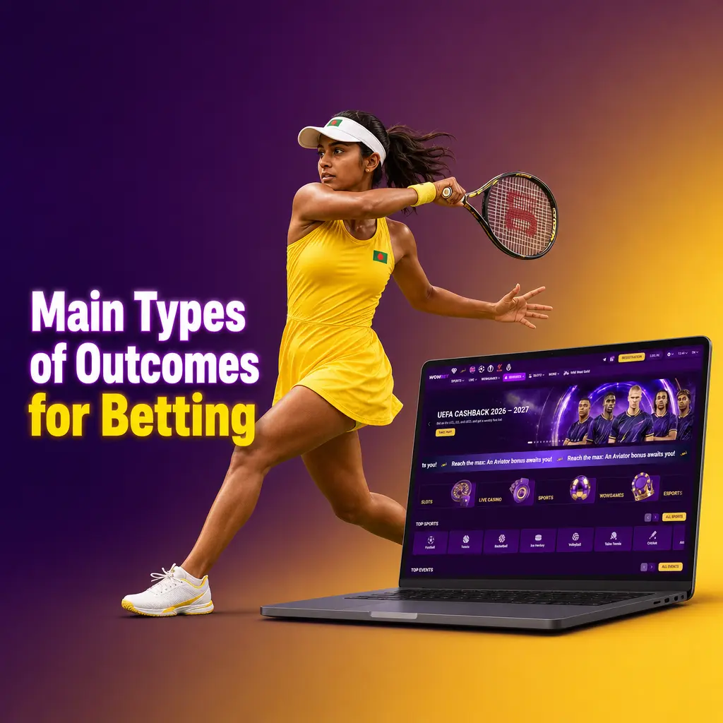 Main types of betting outcomes on Wowbet: 1X2, Over/Under, Handicap, and Both Teams to Score explained with examples.
