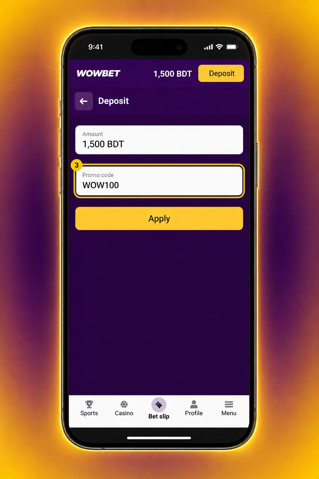 Wowbet app screenshot showing promo code activation steps including registration, cashier, and deposit in BDT