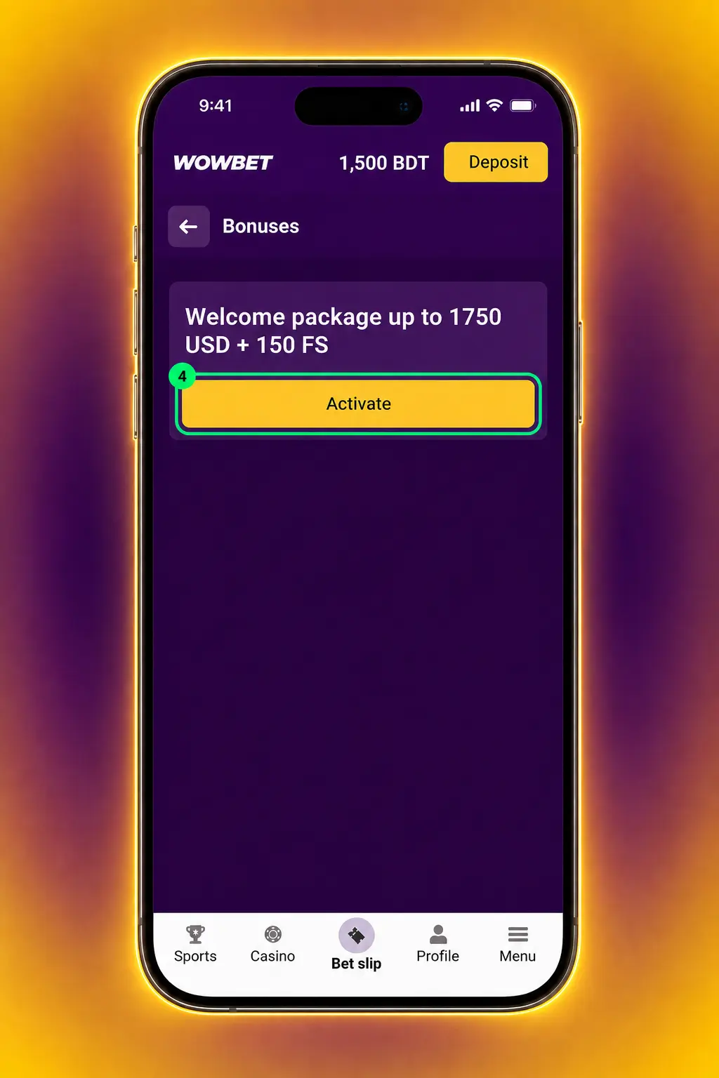 Wowbet app screenshot showing promo code activation steps including registration, cashier selection, and deposit confirmation in BDT