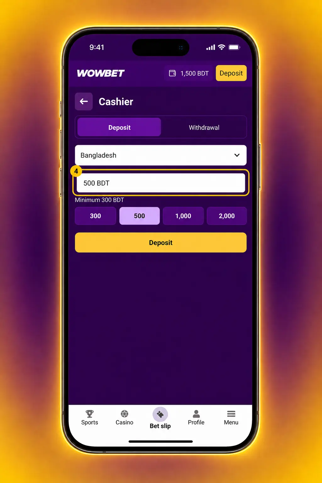 Wowbet app screenshot showing promo code activation steps: register, choose payment, enter code, confirm deposit in BDT