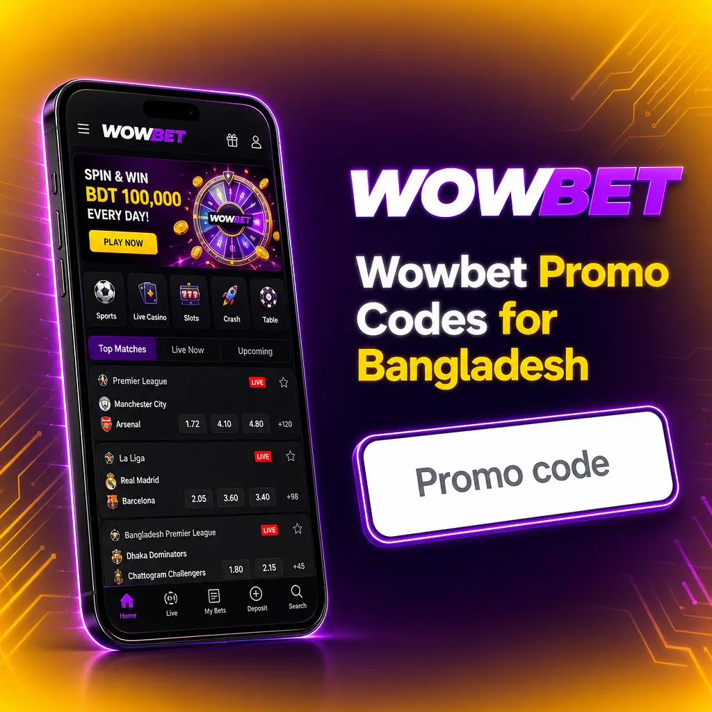 Wowbet promo codes WOW2026 and WOWSPORT for Bangladesh players, showing welcome and sports deposit match bonuses