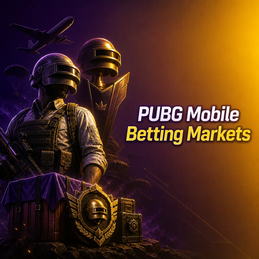 PUBG Mobile betting markets: match winner, top three, and kill count odds across PMGC, PMPL, PMWI, PMCO, and PMGO.
