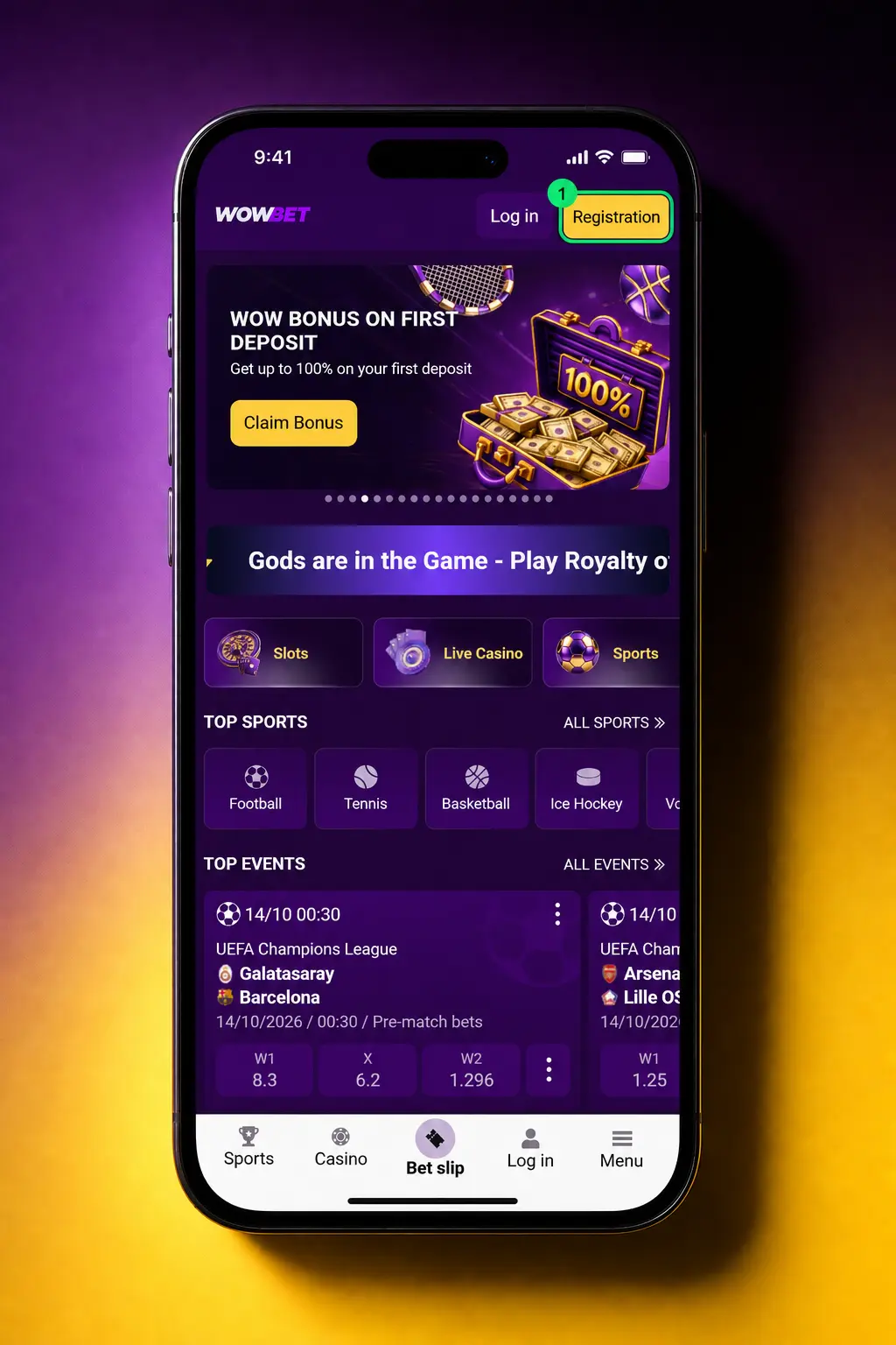 Wowbet sign up form screenshot showing registration steps with phone, email, and password fields in BDT currency