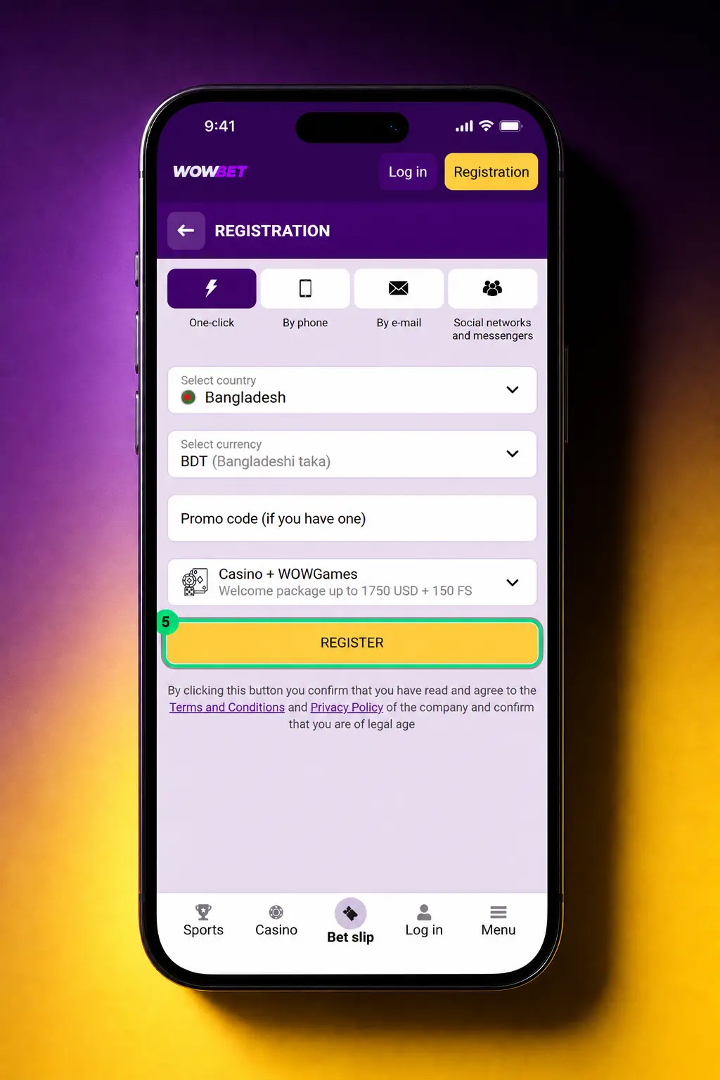 Wowbet sign up form screenshot showing registration steps with phone, email, and currency selection options